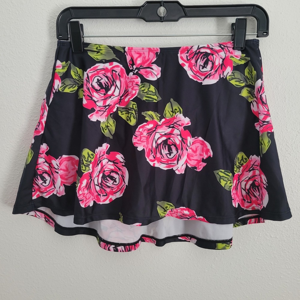 Cocoship Womens Floral Swim Skirt Skort Bottom Size 8 Black Pink Rose NWOT Brief